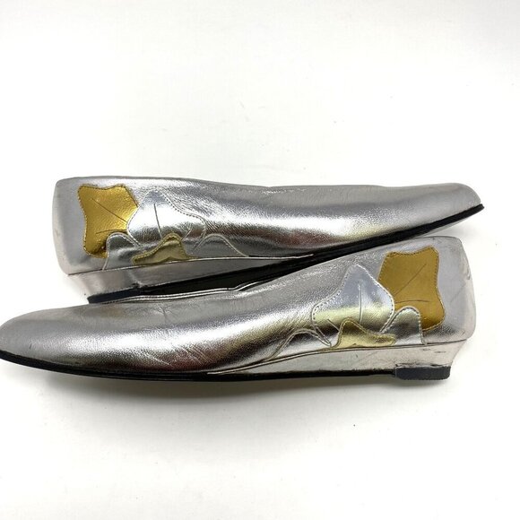 Vintage 1980's Joan & David Silver Point Toe Wedge Heel Size 7.5 Floral Applique - Picture 8 of 12